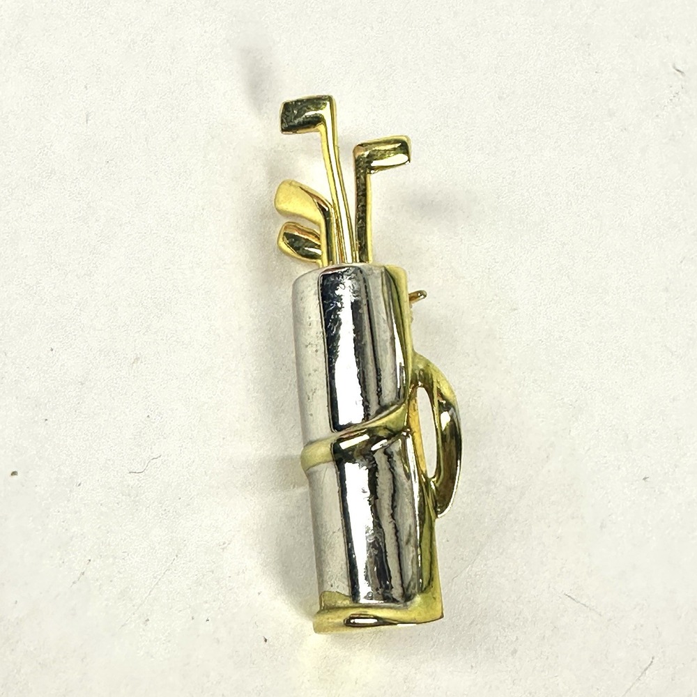 VINTAGE GOLD TONE VINTAGE BROOCH PIN 2" SILVER MIXED METAL GOLF CLUB BAG